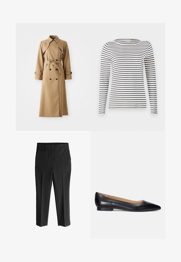 Beige trench coat with double-breasted buttons, wide collar, belted waist, and long sleeves. Features patterned fabric and button accents.; Pitkähihaiset raidalliset paita, joka on valmistettu pehmeästä kankaasta. Siinä on tummansiniset ja valkoiset vaakaraidat, pyöreä pääntie ja kapea malli.; Mustat lyhyet housut leveällä vyötärönauhala, joissa on sileä pinta, kaventuvat lahkeet ja sivureiät helmassa lisäyksinä.; Musta nahkainen ballet-kengät, joissa on terävä kärki, matala korko ja kultainen yksityiskohta korkolapussa. Sujuva pinta klassisella siluetilla.