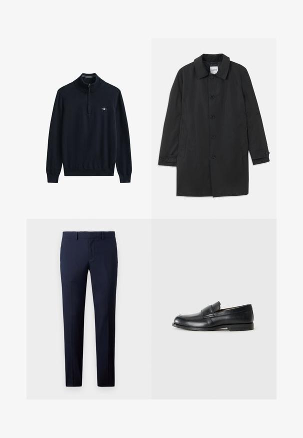 Sort frakke lavet af glat stof, med en klassisk krave og seks knapper. Inkluderer sidelommer og knappede manchetter.; Marineblå sweater med høj krave og halv lynlås. Ribstrikkede manchetter og kant. Har en lille hvid logo på brystet. Blødt, strikket stof.; Marineblå skræddersyede bukser med slim fit, lige ben, glat tekstur og bæltestropper, velegnede til formelt eller kontorbrug.; Sorte læder loafers med rund tå, syet detaljer og en flad gummisål. Har en bred rem over vristen.