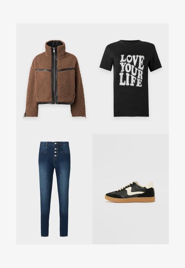 Brun fleecejakke med høj krave, der har sorte læderdetaljer og lynlås-lommer. Struktureret overflade og cropped design.; Sort bomulds-T-shirt med hvid tekst, der lyder "LOVE YOUR LIFE." Designet inkluderer dekorative prikker og en hjerteaccent. Korte ærmer.; Mørkeblå denim jeans med højtaljet design, fem-knap lukning og to frontlommer. Glat tekstur med kontrasterende syninger.; Sorte ruskinds- og lædersneakers med en cremefarvet side-swoosh og lys cremefarvet hæl. Har beige snørebånd og en gummirubber-sål.