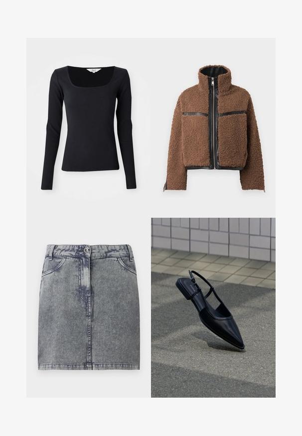 Chaqueta de forro polar marrón con un cuello alto, que presenta detalles en cuero negro y bolsillos con cremallera. Superficie texturizada y diseño corto.; Top negro de manga larga con canalé y escote cuadrado, hecho de un material elástico, diseño ajustado y color sólido sin patrones ni adornos.; Mini falda de mezclilla en gris con un lavado descolorido, con bolsillos frontales, cierre de botón y dobladillo recto. Tejido texturizado.; Zapato plano negro de punta puntiaguda con tiras traseras flotando sobre una superficie de asfalto junto a una acera con baldosas.