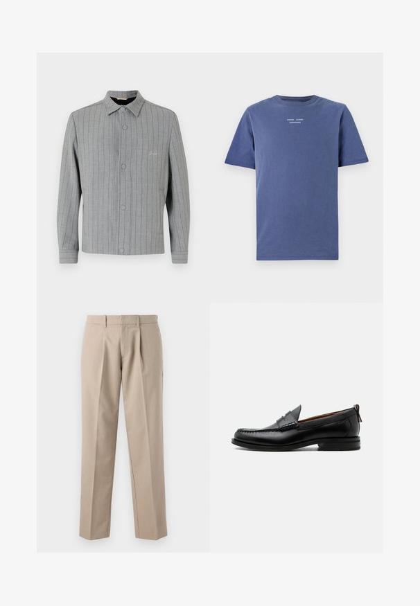 Grijs gestreepte jas met een knoopsluiting aan de voorkant, klassieke kraag en zijzakken. Beschikt over subtiele stiksels en een textuurstof.; Navyblauw kortekoope T-shirt van katoen. Met een ronde halslijn en kleine witte tekst op de borst: "SAMSØE SAMSØE KOPENHAGEN."; Beige, op maat gemaakte broek met riemlussen, voorplooien en rechte pijpen, weergegeven tegen een witte achtergrond.; Zwarte leren herensloffen met moc toe stiksel, pennyriem, gestructureerde kraag en lage gestapelde hak op witte achtergrond.