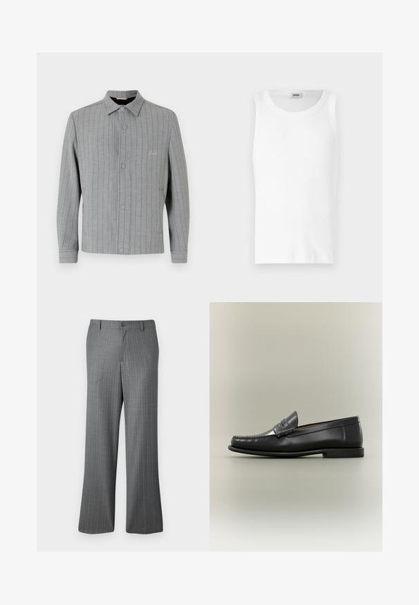 Veste rayée grise avec un devant à bouton, col classique et poches latérales. Apporte des détails de couture subtils et un tissu texturé.; Débardeur en coton blanc sans manches avec un col rond et une texture lisse. Design simple, sans motifs ni accents.; Pantalons gris à rayures fines avec une coupe décontractée, dotés d'une fermeture à bouton, de passants de ceinture et de subtiles rayures bleu clair tout au long.; Mocassin pour homme en cuir noir avec un design moc-toe, une lanière à monnaie et un talon bas sur un fond neutre.