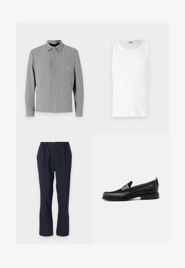 Gråstribet jakke med knaplukning foran, klassisk krave og sidelommer. Har diskret syningsdetalje og struktureret stof.; Hvid bomulds tanktop uden ærmer med rund halsudskæring og en glat tekstur. Enkel design, ingen mønstre eller accenter.; Marineblå bukser lavet af blødt stof med elastisk talje, med folder foran og lige bukseben.; Sort læderloafer med grå remdetalje, lav hæl og tekstureret sål, mærket med "HUGO" i guld på siden.