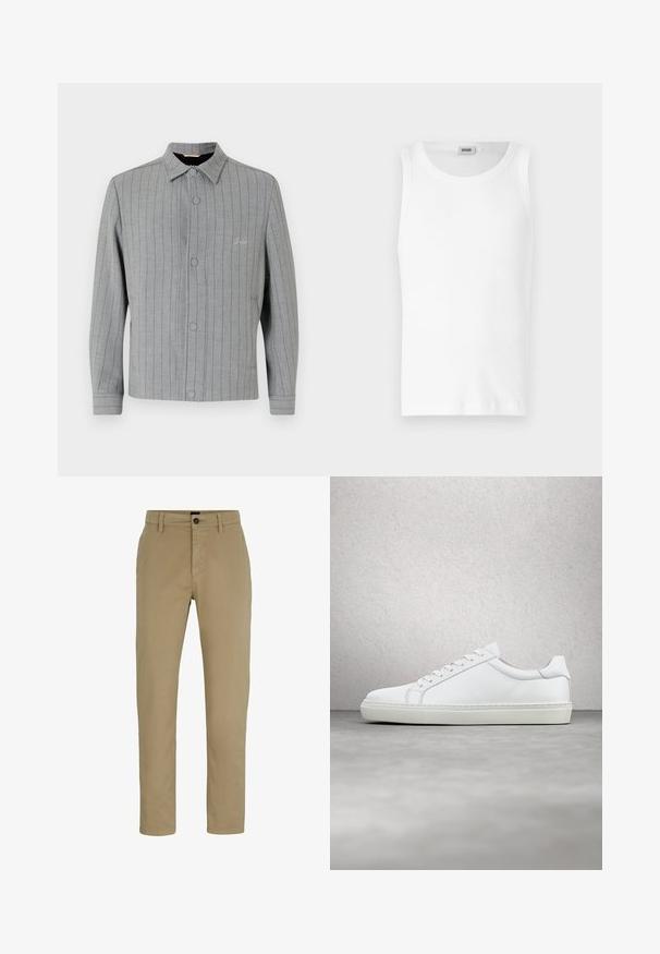 Chaqueta gris a rayas con cierre de botones en la parte delantera, cuello clásico y bolsillos laterales. Presenta un sutil detalle de costura y una tela texturizada.; Camiseta sin mangas de algodón blanco con cuello redondo y una textura suave. Diseño sencillo, sin patrones ni acentos.; Chinos de algodón beige con un ajuste slim, frente plano y cierre de botón. Presenta trabillas para cinturón y bolsillos laterales para mayor funcionalidad.; Zapatilla blanca con parte superior de cuero liso y perfil bajo. Presenta una puntera redondeada, seis ojales y una suela de goma texturizada.