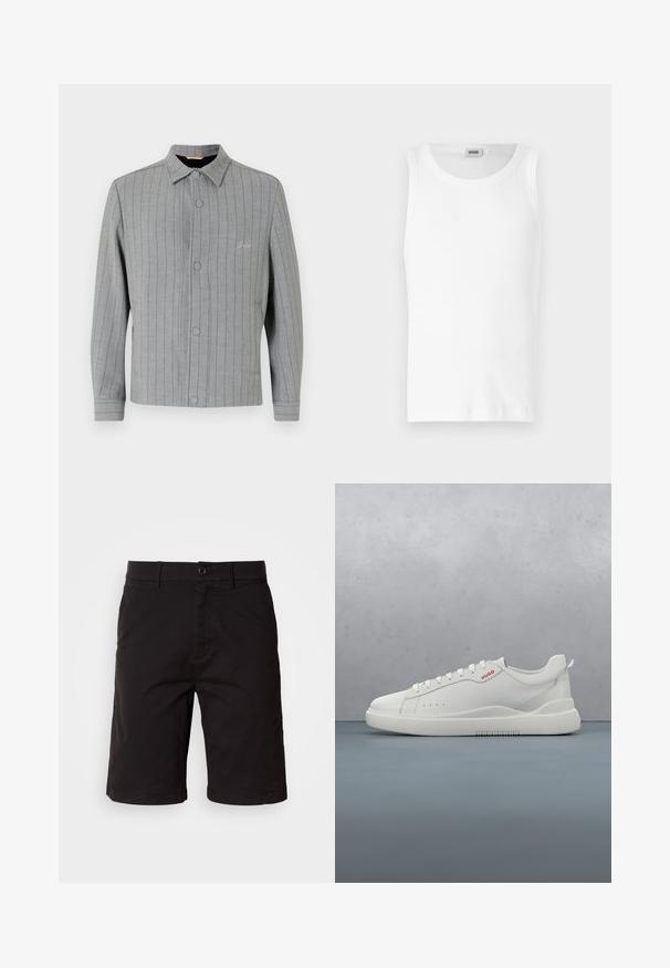 Grau gestreifter Blazer mit durchgehender Knopfleiste, klassischem Kragen und seitlichen Taschen. Besitzt dezente Nähdetails und strukturierter Stoff.; Weißes Baumwoll-Tanktop ohne Ärmel mit Rundhalsausschnitt und glatter Textur. Einfaches Design, ohne Muster oder Akzente.; Schwarze Shorts aus einem leichten Stoff, mit Knopfleiste, Gürtelschlaufen, Seitentaschen und geradem Schnitt mit umgeschlagenen Säumen.; Weiße Sneaker aus glattem Leder, runde Spitze, vier Ösen, dezente Perforationen und ein rotes Logodetail an der Seite.