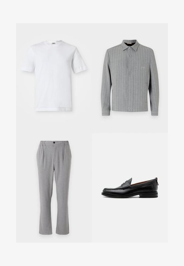 Grau gestreifter Blazer mit durchgehender Knopfleiste, klassischem Kragen und seitlichen Taschen. Besitzt dezente Nähdetails und strukturierter Stoff.; Weißes Baumwoll-T-Shirt mit kurzen Ärmeln, Rundhalsausschnitt und glatter Textur. Keine Muster oder Akzente sind sichtbar.; Graue Hose aus strukturiertem Stoff mit Knopfverschluss und elastischem Bund. Gerades Bein mit Seitenfalten.; Schwarzer Leder-Herrenschuh mit Mokassinnaht, Penny-Riemen, strukturiertem Kragen und niedrigem gestapeltem Absatz auf weißem Hintergrund.