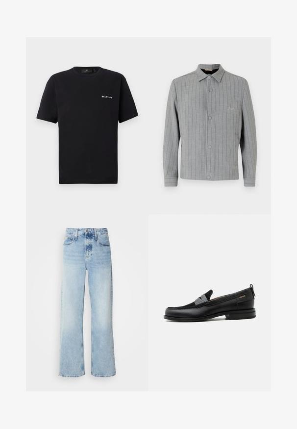 Gråstribet jakke med knaplukning foran, klassisk krave og sidelommer. Har diskret syningsdetalje og struktureret stof.; Sort kortærmet T-shirt med rund halsudskæring og lille hvid "BELSTAFF" logo på venstre bryst mod en ensfarvet baggrund.; Lysblå vide jeans med høj talje, der har en falmet finish, bæltestropper og klassisk fem-lomme design. Kantene er rå.; Sort læderloafer med grå remdetalje, lav hæl og tekstureret sål, mærket med "HUGO" i guld på siden.