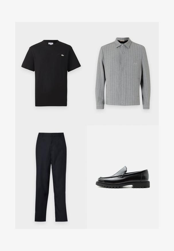 Grau gestreifter Blazer mit durchgehender Knopfleiste, klassischem Kragen und seitlichen Taschen. Besitzt dezente Nähdetails und strukturierter Stoff.; Schwarzes Baumwoll-T-Shirt mit Rundhalsausschnitt. Verfügt über ein kleines, grün-weißes, gesticktes Lacoste-Logo auf der Brust. Kurze Ärmel, normale Passform.; Marineblaue Hose aus glattem Stoff, mit geradem Beinschnitt, einem einzigen Knopfverschluss und dezenten vorderen Falten.; Schwarzer Lederloafer mit grober Gummisohle, genähter Oberseite und geprägtem Markennamen an der Ferse, seitlich auf weißem Hintergrund gezeigt.