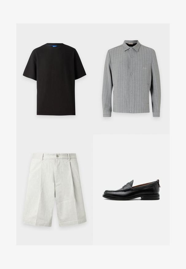Grijs gestreepte jas met een knoopsluiting aan de voorkant, klassieke kraag en zijzakken. Beschikt over subtiele stiksels en een textuurstof.; Zwart T-shirt met korte mouwen, ronde hals, gemaakt van ribbelstoffen. Kenmerkt zich door een relaxte pasvorm en een subtiele blauwe merketiket aan de binnenkant van de hals.; Lichtgrijze korte broek van gestructureerde stof, met knoopsluiting, plooien en een rechte snit, geschikt voor casual draagstijl.; Zwarte leren herensloffen met moc toe stiksel, pennyriem, gestructureerde kraag en lage gestapelde hak op witte achtergrond.