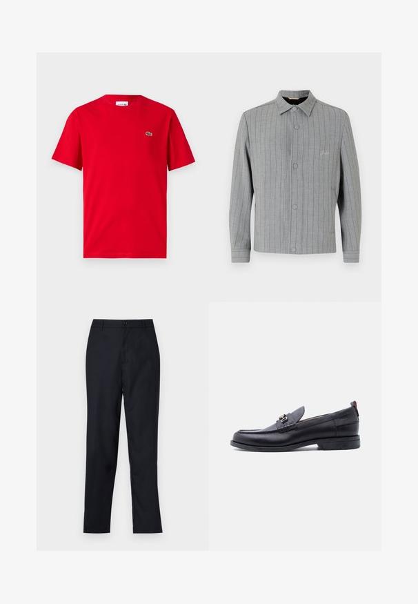 Chaqueta gris a rayas con cierre de botones en la parte delantera, cuello clásico y bolsillos laterales. Presenta un sutil detalle de costura y una tela texturizada.; Camiseta de algodón roja con mangas cortas, cuello redondo y un pequeño logo de cocodrilo verde en el lado izquierdo del pecho. Textura suave, corte casual.; Pantalones azul marino de tejido suave, con un diseño de pierna recta, cierre de un solo botón y suaves plisados en la parte frontal.; Mocasín de cuero negro con empeine gris texturizado, detalle de hebilla metálica plateada, tacón bajo y lengüeta para tirar en la parte trasera.
