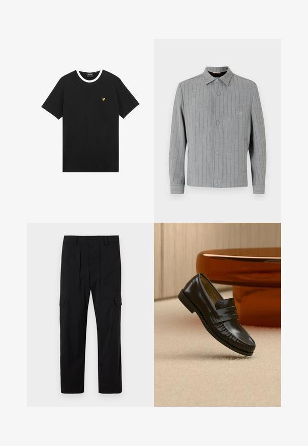 Gråstribet jakke med knaplukning foran, klassisk krave og sidelommer. Har diskret syningsdetalje og struktureret stof.; Sort T-shirt med hvid krave og ærmekanter, lavet af bomuld. Har en lille gul broderet ørnelogo på brystet.; Sorte cargo bukser lavet af letvægtsstof, med lige ben design, frontfald, sidelommer og knaplukning.; Skinnende sort læderloafer med remdetalje, placeret på beige tæppe nær et rundt brunt sofabord i et blødt oplyst rum.