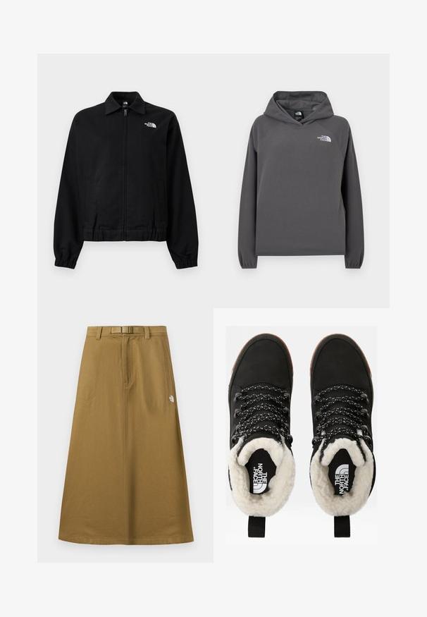 Veste noire à fermeture éclair avec poignets et taille élastiques, col, poches latérales, et logo blanc "The North Face" sur la partie supérieure gauche de la poitrine.; Sweat à capuche gris en polaire avec une coupe décontractée, des poignets côtelés et un petit logo blanc sur la poitrine gauche. Texture douce et design simple.; Jupe longue extérieure beige avec poches avant, ceinture intégrée et logo The North Face sur le côté droit.; Bottes noires en cuir synthétique imperméables à la cheville, avec une doublure en fausse fourrure, un tissu texturé, des lacets à motifs noirs et blancs, et une languette au niveau du talon.