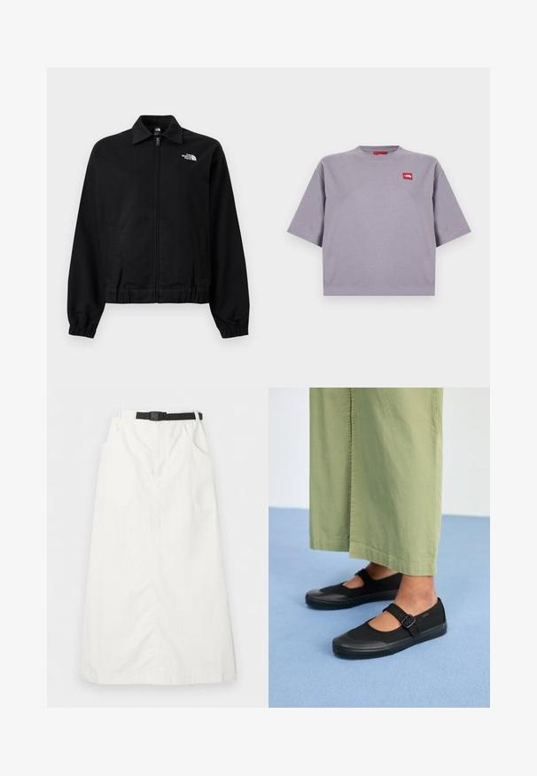 Veste noire à fermeture éclair avec poignets et taille élastiques, col, poches latérales, et logo blanc "The North Face" sur la partie supérieure gauche de la poitrine.; T-shirt gris clair à manches courtes, coupe ample, avec col rond et petit patch logo rectangulaire rouge sur la partie supérieure gauche de la poitrine.; Jupe longue blanche avec taille élastique et ceinture noire réglable, dotée de poches latérales et d'une coupe droite.; Baskets noires en toile avec un bout arrondi, une semelle en caoutchouc et une sangle à boucle. Associées à un pantalon ample de couleur vert clair.