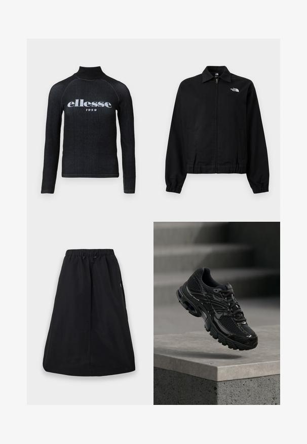 Zwarte jas met ritssluiting, elastische manchetten en tailleband, kraag, zijzakken en het witte "The North Face"-logo op de linkerborst.; Zwarte longsleeve top met een hoge kraag, voorzien van een witte bedrukte "ellesse 1959" logo op de borst; zachte, rekbare stof.; Zwarte A-lijn rok met elastische tailleband en verstelbare trekkoord, knielengte, effen ontwerp met zijzakken.; Zwarte Nike hardloopschoen met mesh en synthetische bovenkant die boven een betonnen oppervlak en trappen op de achtergrond zweeft.