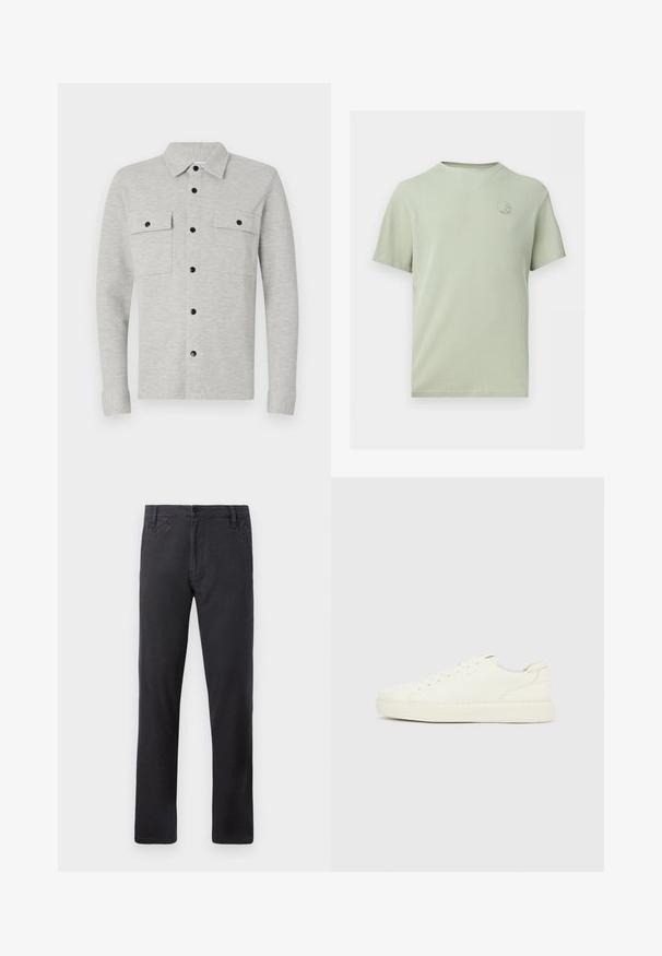 Chemise boutonnière grise clair avec deux poches poitrine, boutons noirs et col classique. Tissu doux avec des manches longues et des ourlets à poignets.; T-shirt vert clair texturé à manches courtes, col rond et petit logo circulaire sur le côté gauche de la poitrine.; Pantalons noirs à jambe droite avec poches latérales, fermeture à bouton sur le devant et passants de ceinture sur fond blanc.; Baskets basses blanches avec laçage à l'avant, dessus en cuir lisse et semelle épaisse en caoutchouc, vues de côté extérieur sur un fond uni.
