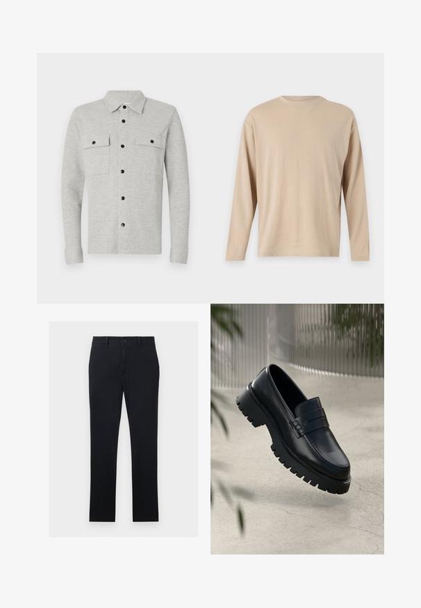 Camisa de botones de color gris claro con dos bolsillos en el pecho, botones negros y un cuello clásico. Tejido suave con mangas largas y dobladillos abotonados.; Camisa beige de manga larga hecha de tejido suave, con un corte recto, escote redondo y un detalle de costura mínima a lo largo del dobladillo y las mangas.; Chinos negros fabricados en tela de algodón, con piernas rectas, cierre de botón frontal y dos bolsillos laterales. Textura suave, con un diseño minimalista.; Mocasines de cuero negro con suela gruesa, que presentan una correa decorativa y detalles de costura. Textura suave con un acabado pulido.