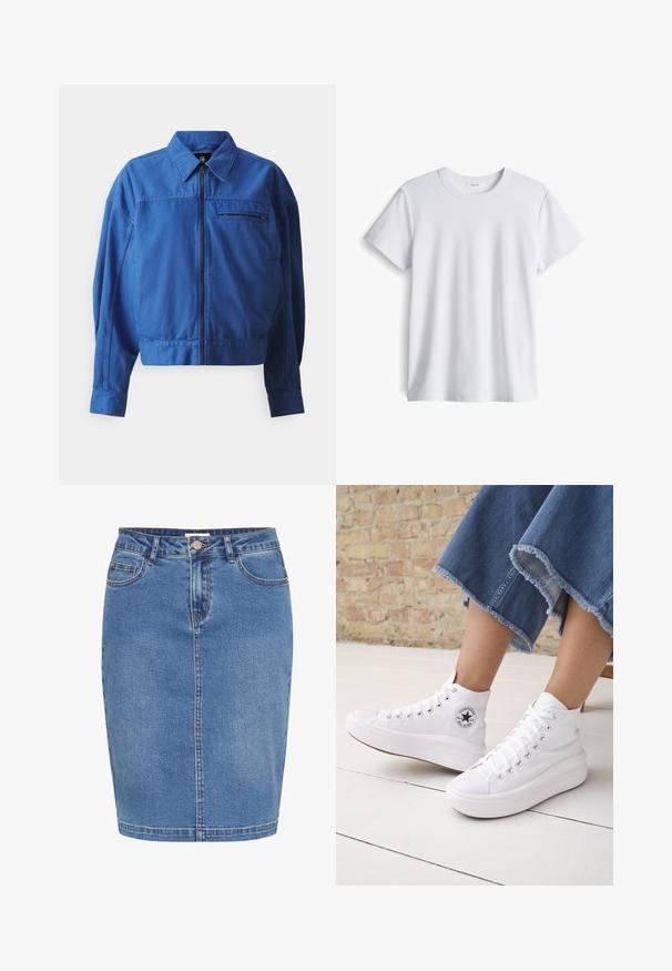 Blauwe spijkerjack met een ritssluiting aan de voorkant, een overhemdkraag en lange mouwen. Bevat een borstzak en stiknaadtoepassingen. Gladde textuur.; Witte katoenen t-shirt met een ronde halslijn en korte mouwen. Zachte textuur, rechte snit, geen zichtbare logo's of patronen.; Denim rok in lichtblauw met een aansluitend ontwerp, sluiting met knopen aan de voorkant, vijf zakken en contrasterende stiksels langs de naden.; Persoon draagt witte hoge Converse-sneakers met dikke zolen en korte jeans met rafelige zoom tegen een bakstenen muur en witte vloer.
