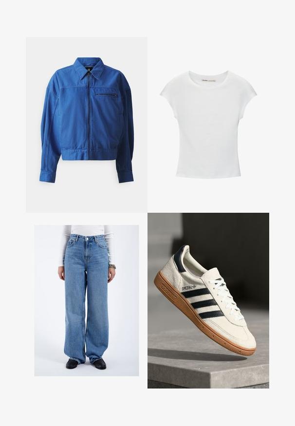 Blaue Jeansjacke mit durchgehendem Reißverschluss, Hemdkragen und langen Ärmeln. Mit einer Brusttasche und Nahtdetails. Glatte Textur.; Weißes Baumwoll-T-Shirt mit kurzen, aufgerollten Ärmeln, rundem Ausschnitt und geradem Saum. Glatte Textur ohne sichtbare Muster oder Akzente.; Person trägt hoch taillierte, weit geschnittene blaue Jeans, schwarze Loafers, weißes langärmeliges Oberteil und ein Kettenarmband, steht vor einem schlichten weißen Hintergrund.; Weiße Wildleder-Sneaker mit marineblauen Streifen, Gummisohle, strukturiertem Obermaterial, runder Zehenform und Schnürung; mit Branding an der Seite und auf der Zunge.