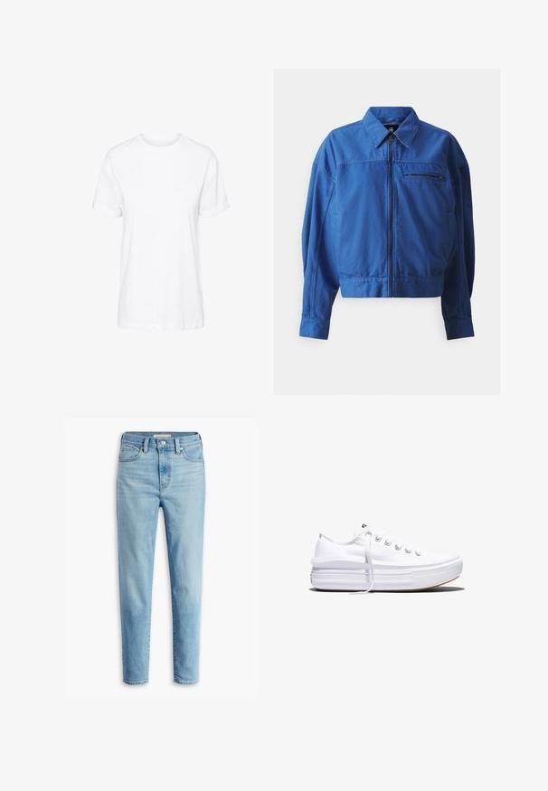 Veste en denim bleu avec fermeture éclair à l'avant, col chemise et manches longues. Présente une poche poitrine et des détails de couture. Texture lisse.; T-shirt blanc uni à manches courtes et col rond, présenté de face sur fond blanc sans motifs ni logos visibles.; Jean en denim taille haute bleu clair avec poches avant, passants de ceinture, fermeture par bouton et jambes fuselées sur fond blanc.; Baskets basses blanches en toile avec semelle plateforme épaisse, lacets sur le devant et embout en caoutchouc texturé, vues de profil.