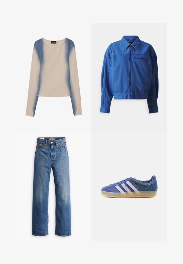 Chaqueta de denim azul con cremallera frontal, cuello de camisa y mangas largas. Cuenta con un bolsillo en el pecho y detalles de costura. Textura suave.; Camiseta de manga larga en color beige claro, con un diseño en degradado azul. Textura suave, con cuello redondo y línea de dobladillo recta.; Vaqueros de mezclilla azul claro con cintura alta, diseño de pierna ancha, estilo clásico de cinco bolsillos y un sutil desgaste en la tela.; Zapatilla baja de ante azul con rayas blancas texturizadas, suela de goma translúcida y logotipo dorado "BAYRE" en el lateral.