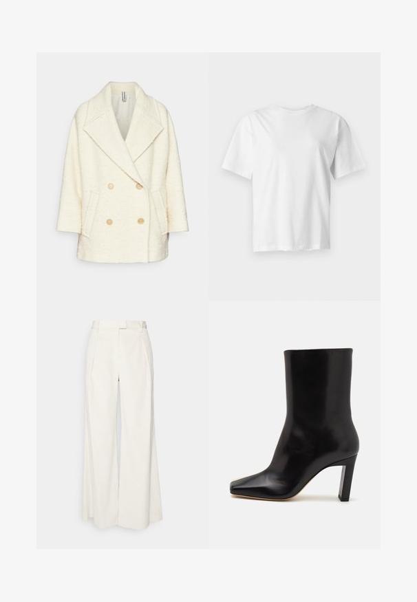 DRYKORN RUNCOM - Manteau classique - off white; T-shirt blanc uni à manches courtes et col rond, présenté à plat sur un fond gris clair.; rag & bone BENNETT PANT - Pantalon classique - ivory; Bottine en cuir noir avec un bout pointu, un talon bloc effilé et une texture lisse, présentant une silhouette élégante et un design minimaliste.