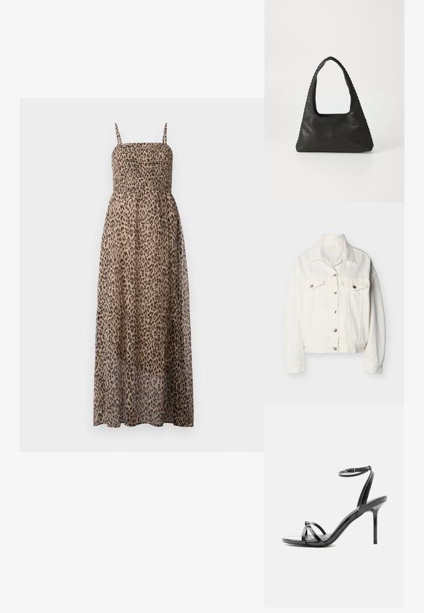 Weiße Denimjacke mit vorderer Knopfleiste, zwei aufgesetzten Brusttaschen mit Knöpfen, langen Ärmeln und spitzem Kragen.; Maxikleid mit Leopardenmuster, gerafftem Oberteil, dünnen Trägern und transparentem Stoff. Es zeichnet sich durch ein fließendes, leichtes Design aus.; Schwarze Sandale aus Lackleder mit hohen Absätzen, dünnen Riemen über den Zehen und einem Knöchelriemen mit Schnalle auf weißem Hintergrund.; Schwarze Lederhandtasche mit dreieckiger Form, einem großen Ausschnittgriff und detaillierter Naht entlang der Kanten. Glatte Textur.