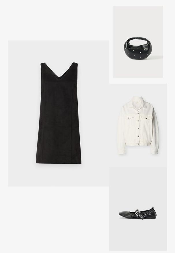 Hvid denimjakke med frontknaplukning, to brystlommer med klap og knapper, lange ærmer og en spids krave.; Sort ærmeløs kjole med V-udskæring, fremstillet af et blødt materiale, med en lige pasform og minimal detaljering. Glat tekstur.; Sorte læder flade sko med spids tå, samling detaljer omkring åbningen, og en sølv spænde accent på den justerbare rem.; Sort læderhåndtaske med en rundet form, dekoreret med sølvnitter, og et kort håndtag. Glat tekstur og lynlåslukning.