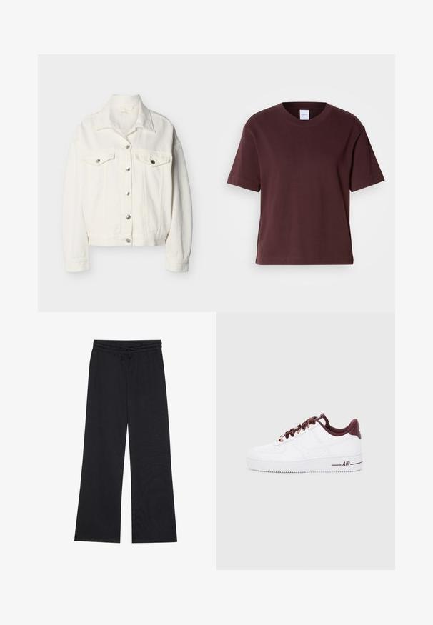Hvid denimjakke med frontknaplukning, to brystlommer med klap og knapper, lange ærmer og en spids krave.; Bordeaux bomulds t-shirt med korte ærmer, rund hals og en afslappet pasform. Har en ensfarvet overflade uden mønstre eller accenter.; Even&Odd Træningsbukser - black; Hvide læder sneakers med mørkerøde accenter, der har runde snørebånd, en polstret krave og teksturerede gummisåler. "AIR" trykt på siden.