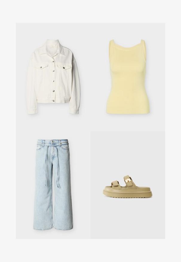 Hvid denimjakke med frontknaplukning, to brystlommer med klap og knapper, lange ærmer og en spids krave.; Ærmeløs ribstrikket tanktop i sart gul med brede skulderstropper og en let buet udskæring.; Lyseblå jeans med vide ben, justerbar snøre i taljen og klassisk fem-lomme-design på en ensfarvet baggrund.; Beige slidesandaler med to justerbare stropper og en guldfarvet spænde. Fremstillet af glat syntetisk materiale. Tekstureret gummisål.