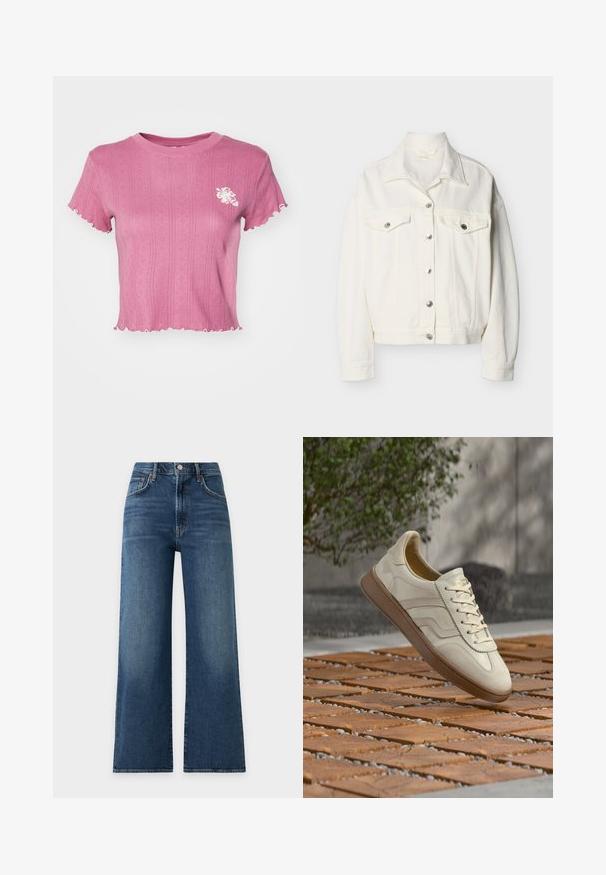 Witte denimjas met knoopsluiting aan de voorkant, twee borstzakken met klep en knopen, lange mouwen en een puntige kraag.; Roze cropped t-shirt met ribbelstructuur en golvende randen. Heeft een witte bloemenborduursel op de linkerborst. Lichtgewicht stof.; Blauwe jeans met hoge taille en wijde pijpen, met knoop en rits aan de voorkant, voorzakken en subtiele vervaagde details op dijen en knieën.; Sneaker in roomkleur met een gestructureerde beige rubberen zool, vetersluiting en subtiele merkdetails aan de zijkant. Bovenwerk van glad leer.