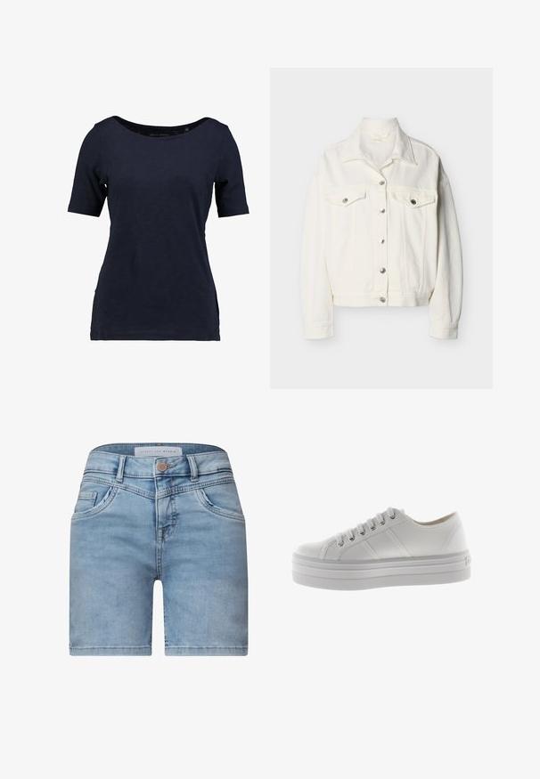 Witte denimjas met knoopsluiting aan de voorkant, twee borstzakken met klep en knopen, lange mouwen en een puntige kraag.; Marineblauwe t-shirt met korte mouwen, gemaakt van katoen. Heeft een ronde halslijn en een relaxte pasvorm met zijsplitten voor betere bewegingsvrijheid.; Lichtblauwe denim shorts met voorzakken, riemlussen en een knoopsluiting, gelabeld Street One Studio.; Witte lage canvas sneaker met dikke zool, veters aan de voorkant en stikdetails aan de zijkant.