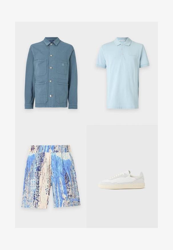 Veste en coton bleu avec devant à boutons, col avec revers, quatre poches avant et une petite écusson de marque sur la poche supérieure gauche.; Polo bleu clair à manches courtes avec trois boutons et un petit logo "Tiger of Sweden" sur la poitrine et l'étiquette du col.; Shorts bleus et beiges à motifs, avec une ceinture élastique, présentant des dessins abstraits semblables à de la peinture et un tissu légèrement texturé.; Baskets blanches avec dessus en daim et cuir texturé. Caractérisées par un bout arrondi, une fermeture à lacets et une semelle en caoutchouc beige contrastante.