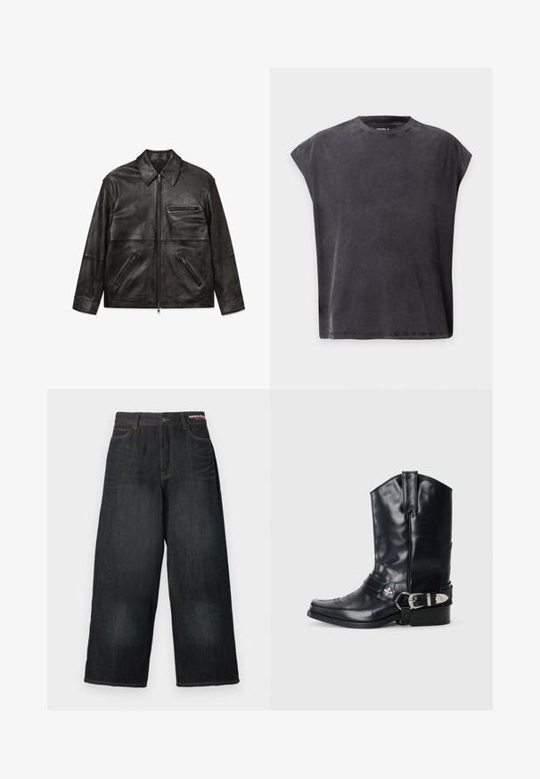 Schwarze Lederjacke mit Vorderreißverschluss, klassischem Kragen und drei Reißverschlusstaschen, flach auf weißem Hintergrund gezeigt.; Schwarzes ärmelloses T-Shirt mit Rundhalsausschnitt, lässiger, kastiger Passform und leicht abgesenkten Schultern auf einfarbigem Hintergrund.; Dunkelblaue Jeans mit weitem Bein, Knopfverschluss, fünf Taschen und gelben Nähten. Der Stoff wirkt leicht ausgewaschen.; Schwarze Ledersporenstiefel mit spitzem Zeh, hohem Schaft, dekorativer Stickerei und silberner Schnallenhardware am Riemen. Strukturiertes Finish.