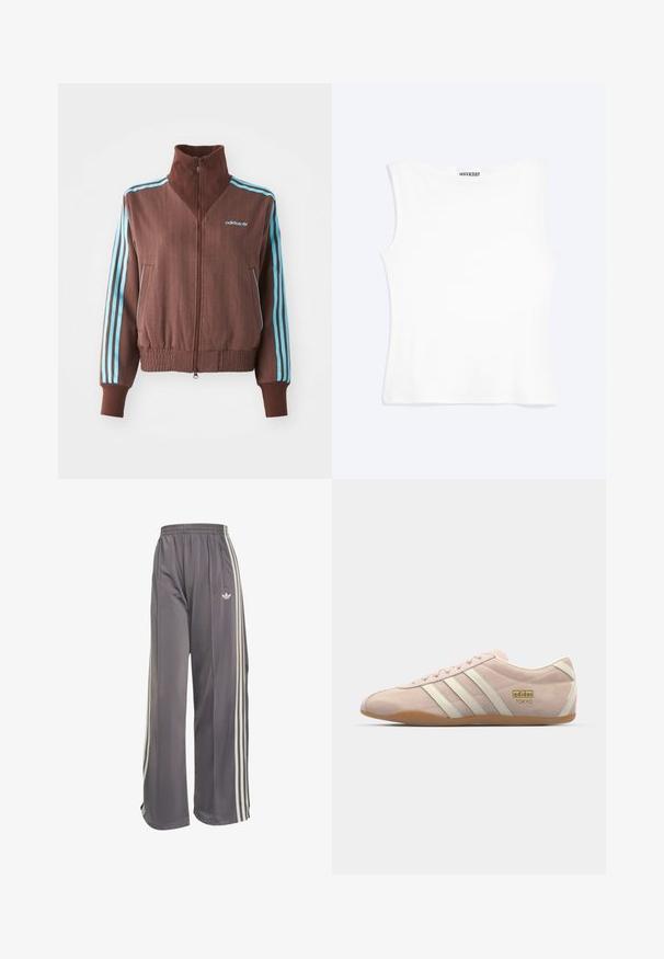 Braune Zip-Jacke mit strukturiertem Rippdesign, die türkise Akzente mit drei Streifen an den Schultern und Ärmeln aufweist, sowie ein gesticktes Logo.; Weißes, ärmelloses, figurbetontes Tanktop mit rundem Ausschnitt und minimalistischem Design, innen am Kragen mit der Aufschrift „WEEKDAY“.; Graue Trainingshose mit weitem Bein, elastischem Bund, weißen Seitenstreifen, Reißverschlusstasche und Adidas-Logo am rechten Oberschenkel.; adidas Originals TOKYO - Sneaker low - quartz/off white