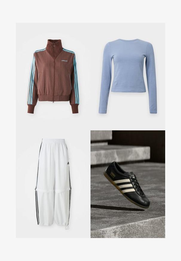 Brun zip-up jakke med ribbet tekstur, der har turkise tre-stribe accenter på skuldrene og ærmerne samt et broderet logo.; Lyseblå langærmet skjorte lavet af blødt bomuldsstof. Har en rund halsudskæring og en tætsiddende silhuet med en glat tekstur.; Hvide sportbukser med en afslappet pasform, elastisk talje og sorte sidelæg. Har lynlåslommer og elastiske afslutninger ved anklerne.; Sort lædersneaker med hvidt trestribet design, teksturerede detaljer, sorte snørebånd og en gum-sål. Brandlogo synligt på tungen.