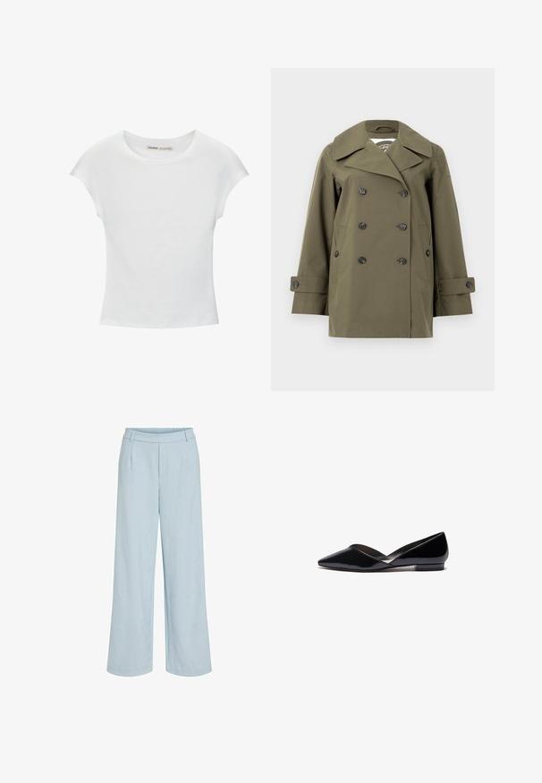 Veste croisée vert olive avec larges revers, pattes de manches boutonnées et poches avant sur un fond clair.; T-shirt en coton blanc avec manches courtes retroussées, encolure ronde et ourlet droit. Texture lisse sans motifs ni accents visibles.; Pantalon large bleu clair avec passants pour ceinture et taille haute, fabriqué dans un tissu lisse et léger.; Ballerines en cuir verni noir à bout pointu avec un dessus en V, un talon plat et mince, et une texture lisse. Design minimaliste sans quincaillerie visible.