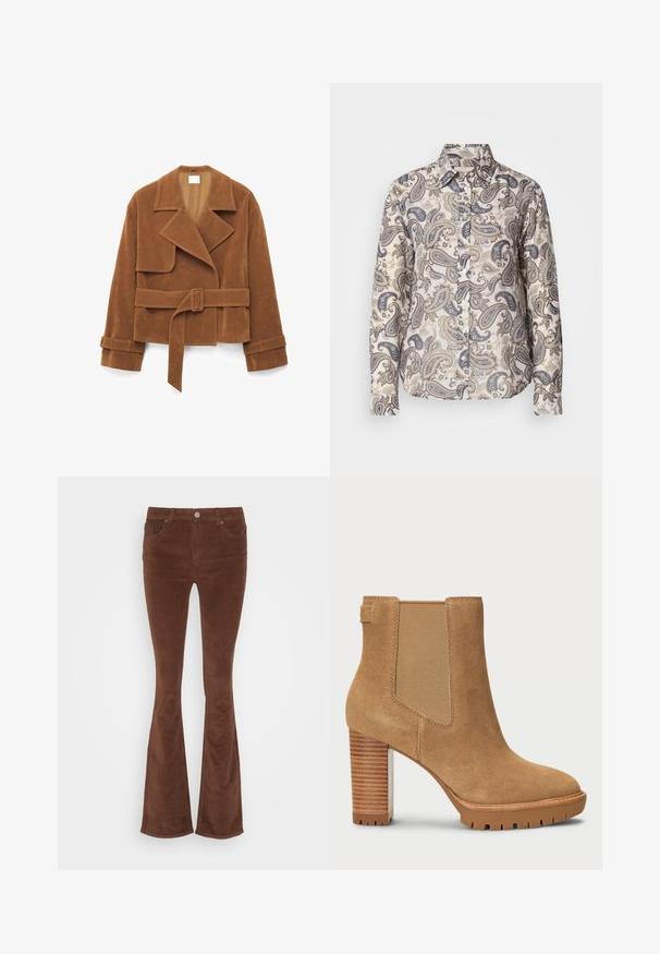 Chaqueta de ante marrón con cinturón, solapas anchas, mangas largas con detalles de correas y un corte ligeramente corto.; Camisa de manga larga de tejido ligero con un patrón de paisley en beige y azul, con un cuello clásico y cierre de botones en la parte delantera.; Jeans de pana marrones acampanados con una textura suave, cinco bolsillos y un único botón de metal en la cinturilla.; Bota de ante color tan hasta el tobillo con tacón cuadrado, panel lateral elástico y suela de goma con un patrón de relieve para mayor tracción.