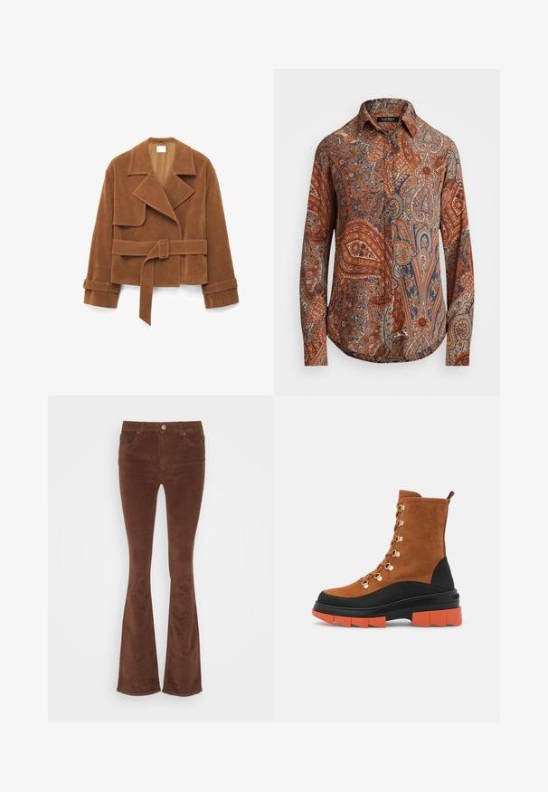 Brun ruskindjakke med bælte, brede revers, lange ærmer med remdetaljer og en let cropped pasform.; Langærmet skjorte i brun med indviklede paisley-mønstre i blå og creme. Har en klassisk krave og knaplukning foran.; Brune fløjl flared jeans med en glat overflade, fem lommer og en enkelt metalknap i taljen.; Brune ruskind ankelstøvler har guld hardware, en sort og orange chunky sål, samt et snørebåndsdesign med en bageste løftestrop.