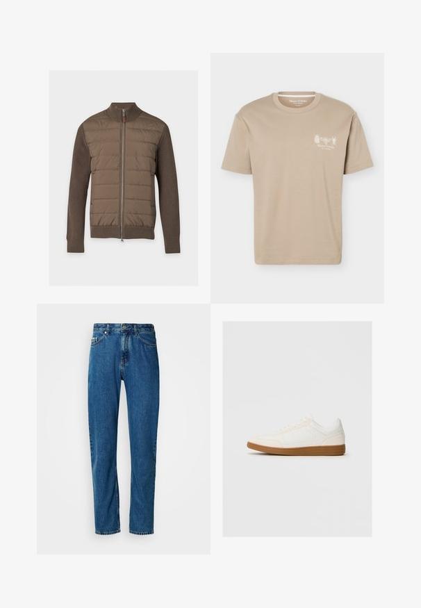 Bruine jas met rits, doorgestikt voorpaneel en gebreide mouwen, kraag en zoom tegen een effen lichte achtergrond.; Beige T-shirt met korte mouwen en een ronde hals, met kleine insectengrafieken en het "Marc O'Polo"-logo op de linkerborst.; Blauwe rechte spijkerbroek met vijf zakken en een knoopsluiting aan de voorkant op een witte achtergrond.; Witte sneaker met een suède neus, een glad synthetisch bovenwerk en een tan rubberen zool. Beschikt over perforaties aan de zijkanten voor ventilatie.