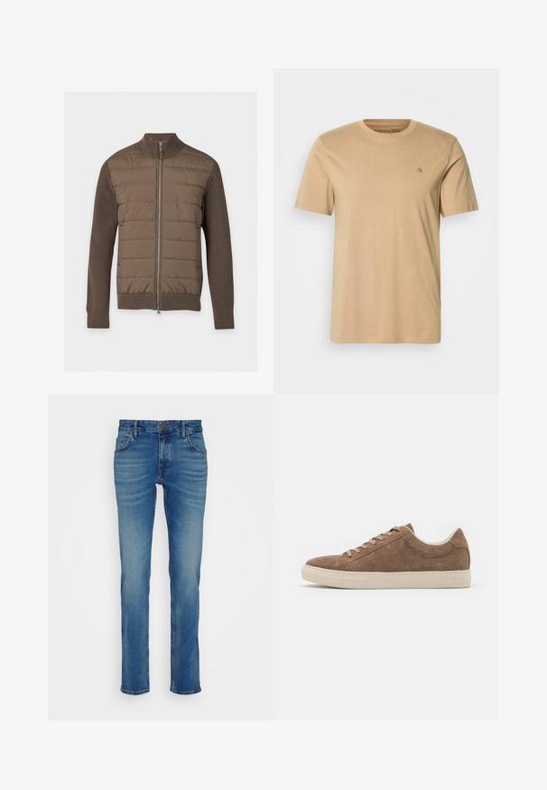 Brun lynlåssjakke med quiltet frontpanel og strikkede ærmer, krave og kant mod en ensfarvet lys baggrund.; Beige bomulds t-shirt med rund halsudskæring, korte ærmer og et lille broderet logo på brystet. Glat tekstur og standard pasform.; Blå denim jeans med lige pasform, fem lommer og en knappet talje med en let falmning og slidte detaljer.; Brune ruskind casual sneakers med lav profil, flad beige gummisål og seks snørehuller. Rund toe og minimalistisk design.