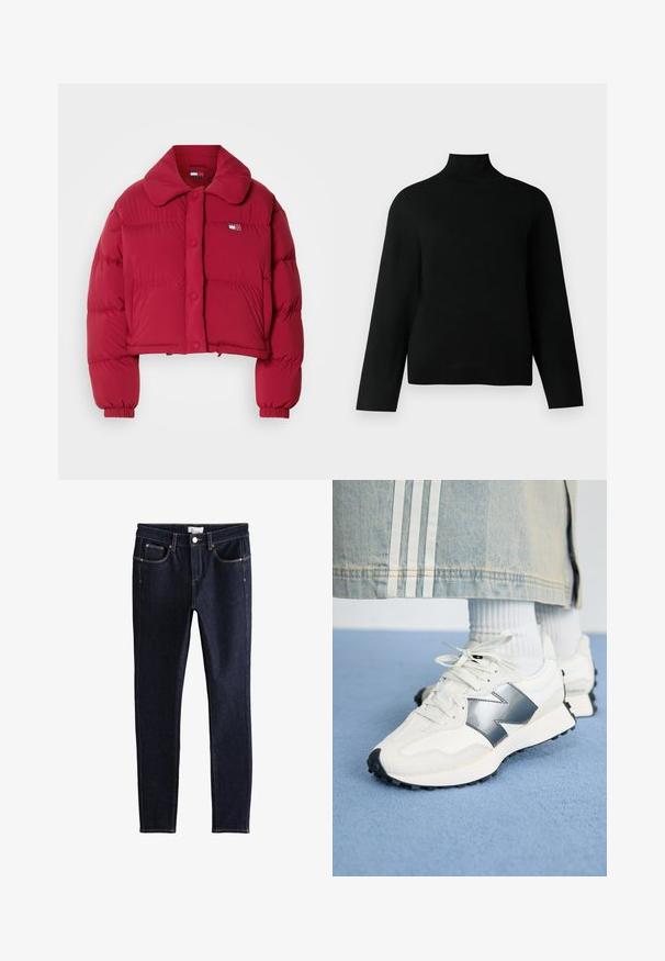 Rote cropped Pufferjacke aus glänzendem Material mit breitem Kragen, Druckknöpfen und elastischen Bündchen; hat ein Logopatch auf der linken Brust.; Schwarzer Rollkragenpullover aus weichem Strickstoff, mit langen Ärmeln und einem entspannten Schnitt. Glatte Textur ohne sichtbare Muster oder Akzente.; Dunkelblaue Slim-Fit-Jeans mit Fronttaschen, Gürtelschlaufen und Knopfverschluss auf weißem Hintergrund.; Weiße Sportsneaker mit silbernem Akzent, strukturiertem Stoff und glattem Leder; mit einer schwarzen Gummisohle und Schnürsenkeln.