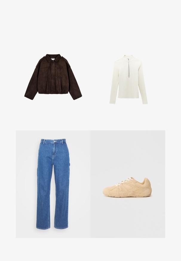 Brun kunstlæder cropped jakke med krave, skulderdetaljer og elastisk bund. Har en front lynlås og sidelommer.; Langærmet creme strikket top med mock neck og halvlukket lynlås foran, enkel design, slim fit.; Blå denim bukser med høj talje og lige ben, der har en frontknaplukning og sidelommer. Glat tekstur uden synlige mønstre.; Beige ruskindssneaker med teksturerede mønstre, rundet tå, snørelukning foran og polstret krave. Fleksibel gummisål for godt greb.