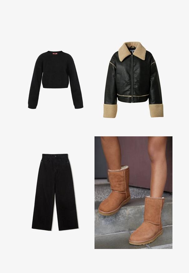 Veste en cuir noire raccourcie avec un col et des poignets en fausse fourrure beige. Dotée d'une fermeture éclair à l'avant et de deux poches latérales.; Pull court noir en tissu texturé. Il présente des manches longues et un col rond. Design minimaliste sans motifs ni accents visibles.; Jeans noirs à jambes larges en denim avec une taille haute, présentant un design à cinq poches et une fermeture à un bouton à l'avant.; Bottines en suede marron, à bout rond, avec une doublure douce et une semelle en caoutchouc, présentant des détails de couture visibles le long des coutures.