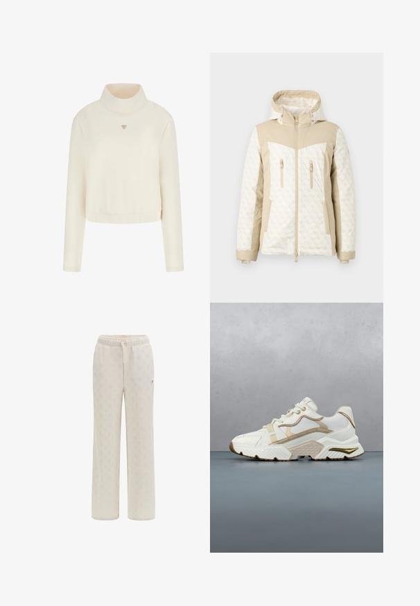 Beige gemusterte Winterjacke mit Kapuze, die eine glatte Textur, einen Frontreißverschluss und zwei seitliche Reißverschluss-Taschen aufweist.; Guess Sweatshirt - crema; Cremfarbene Jogginghose aus weichem Material, mit einem dezenten Allover-Muster und einem elastischen Bund mit Kordelzug. Logo-Akzent an der Seite.; Weißer und beiger Sportschuh mit Schnürverschluss, strukturierter Sohle und mehrlagigen Designelementen vor neutralem Hintergrund.
