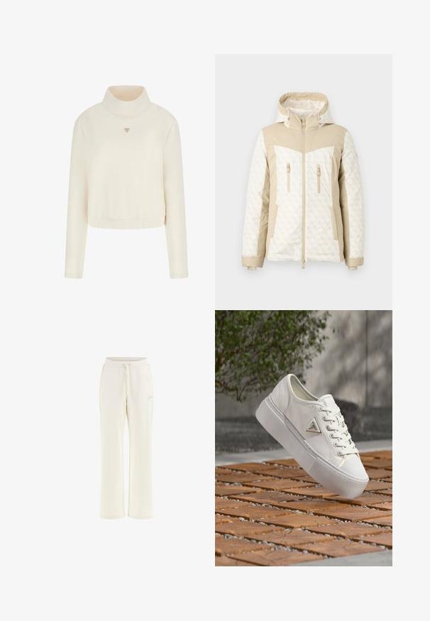Beige mønstret vinterjakke med hætte, der har en glat tekstur, frontlynlås og to lynlåslommer i siderne.; Guess Sweatshirt - crema; Cremefarvede sweatpants med snoreliv, brede ben og sideaccenter. Har diskret branding og en blød tekstur.; Hvid lærredssneaker med tyk sål og trekantet metal-logo, vist svævende over trægulv og småsten.