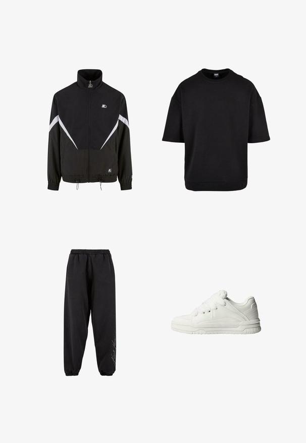 Zwarte jas met hoge kraag, voorkant met rits en elastische mouwen. Heeft witte diagonale strepen en een klein logo op de borst. De textuur is glad.; Zwarte oversized sweatshirt met korte mouwen, gemaakt van zachte stof. Heeft een ronde halslijn en een zoom die net onder de taille valt.; Zwarte sweatpants van zacht materiaal met een elastische tailleband. Tapered enkels en bedrukte tekstdetails aan één zijde. Casual, relaxte pasvorm.; Witte sneakers met een gladde leren buitenkant, een gevoerde tong, platte veters en getextureerde accenten aan de zijkanten en hiel.