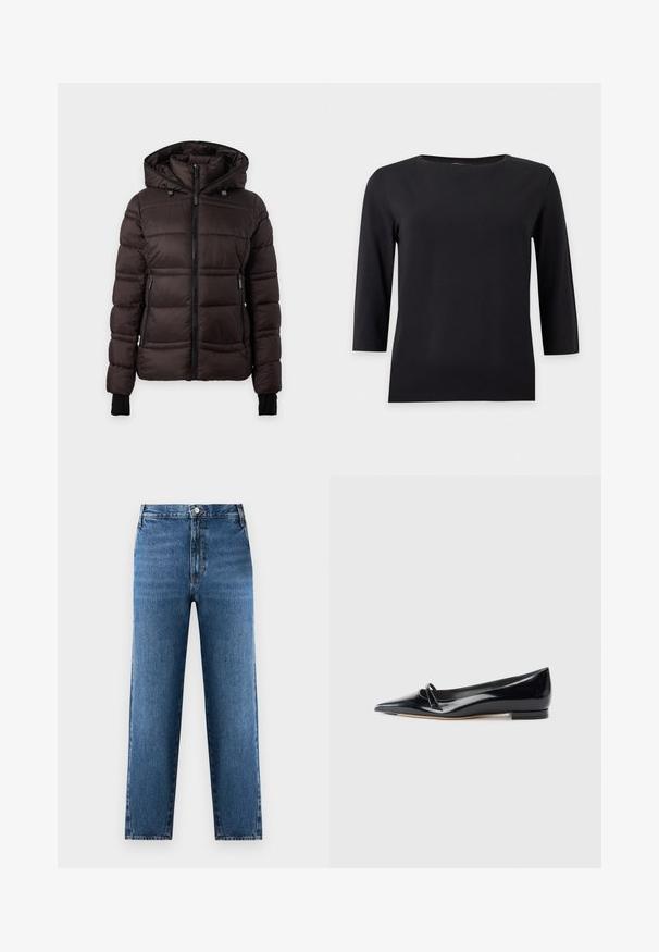 Veste d'hiver matelassée noire avec capuche, fermeture éclair frontale, poches latérales zippées et poignets côtelés allongés pour plus de chaleur.; Chemise noire à manches longues avec un col rond et un design simple et ajusté sur fond blanc.; Jean droit bleu à taille haute, fabriqué en denim. Présente une fermeture à bouton et zip à l'avant, avec un léger délavage sur le tissu.; Chaussure plate en cuir verni noir avec un bout pointu, une petite lanière décorative et un petit talon carré. Texture lisse et design épuré.