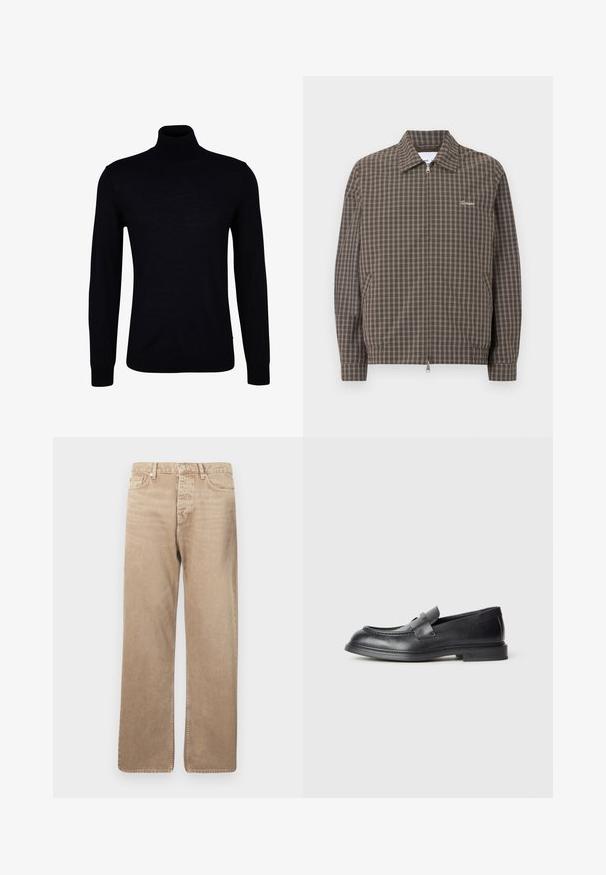 Chaqueta marrón con cremallera, con patrón de cuadrícula blanca, cuello puntiagudo, bolsillos laterales y pequeño texto bordado en blanco en el pecho.; Suéter negro de cuello alto en un tejido de punto suave. Presenta mangas largas, un cuello ajustado y puños y dobladillo acanalados para un ajuste ceñido.; Vaqueros de denim beige con corte recto, que cuentan con cinco bolsillos, cierre de botón y costuras en contraste. Textura suave y mínimo desgaste.; Mocasines de cuero negro con acabado texturizado, que cuentan con una correa decorativa en la parte delantera y punta redondeada. Suela de goma para mayor durabilidad.
