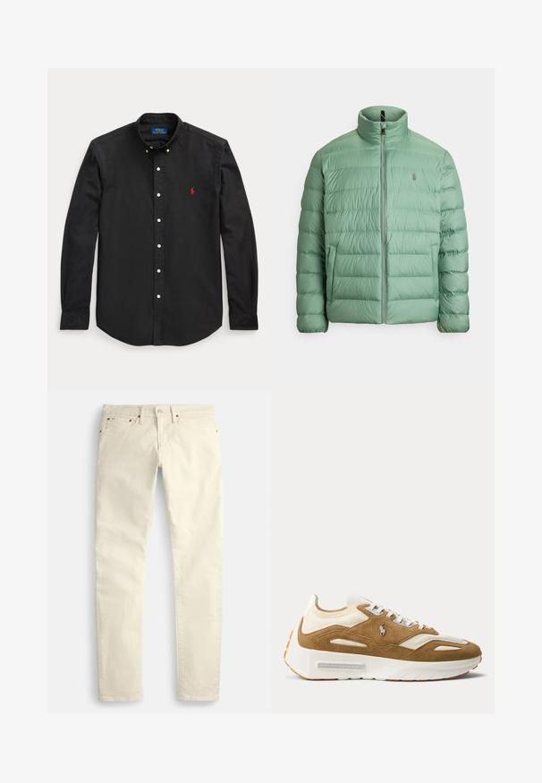 Lichtgroene pufferjas met een hoge kraag, ritssluiting en doorgestikte textuur. Klein logo op de borst, twee zijzakken.; Zwarte blouse met lange mouwen en knopen, met rood geborduurd logo op de linkerborst en een button-down kraag.; Lichtbeige rechte broek van een gestructureerde stof. Voorzien van vijf zakken en bruine metalen accenten. Geen zichtbare patronen of versieringen.; Witte en beige sneaker met dikke zool, bovenwerk van suède en mesh, veters aan de voorkant en Ralph Lauren-logo aan de zijkant.