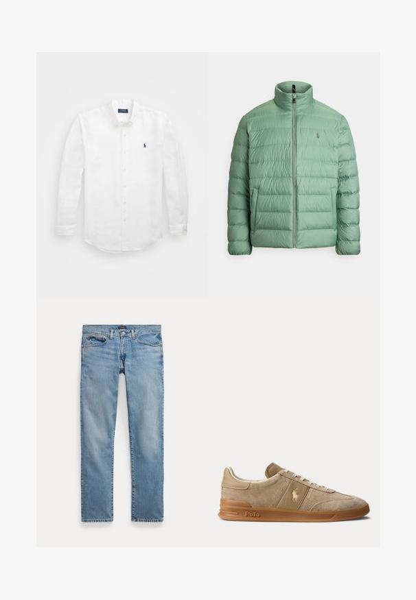 Doudoune vert clair, dotée d'un col montant, d'une fermeture éclair et d'une texture matelassée. Petit logo sur la poitrine, deux poches latérales.; Chemise blanche à manches longues en coton avec un col boutonné, affichant un petit logo marine sur la poitrine gauche et un système de fermeture classique par boutons.; Jean droit denim bleu clair avec poches avant et fermeture bouton, posé à plat sur fond blanc.; Basket basse beige en daim et cuir avec semelle en gomme, lacets blancs, et logo Polo sur le côté et la semelle.